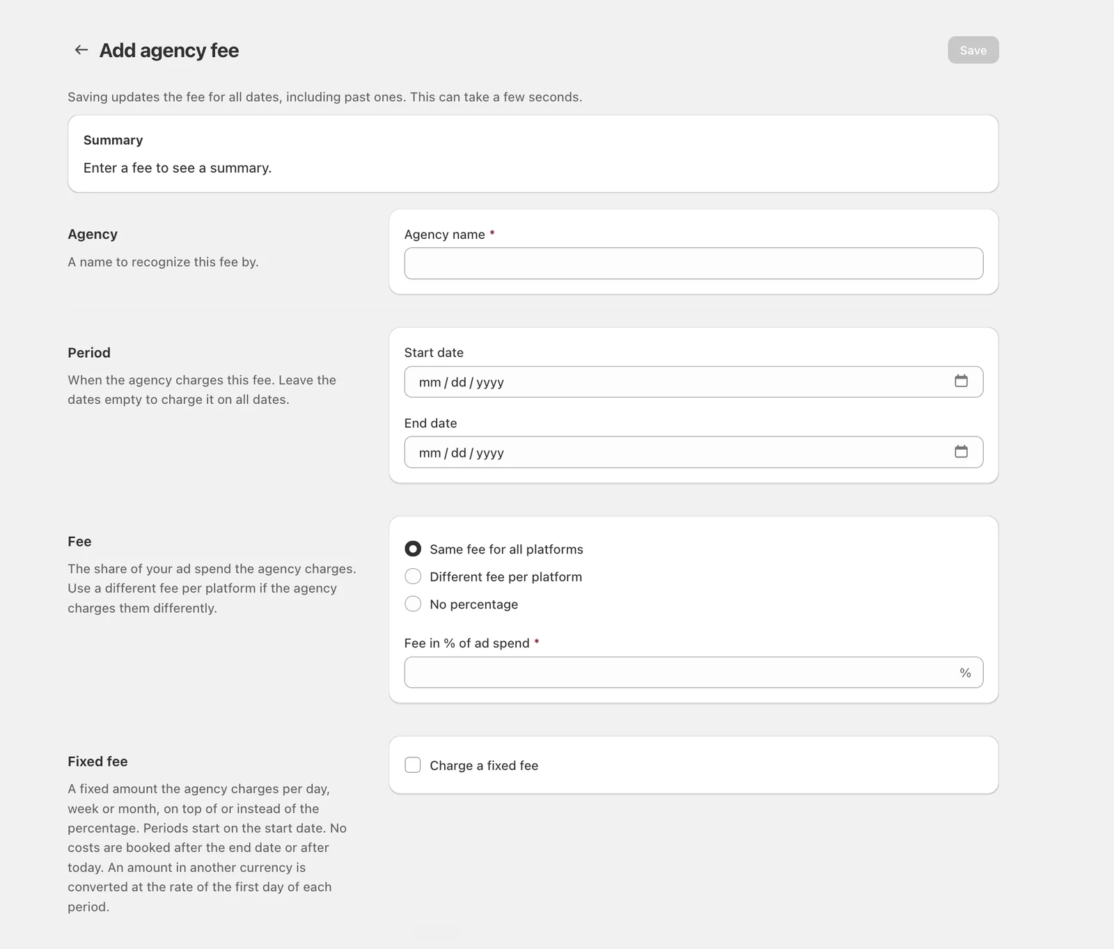 Add agency fee form in Juicy with agency name, start and end date, fee as a percentage of ad spend per platform, and an optional fixed fee