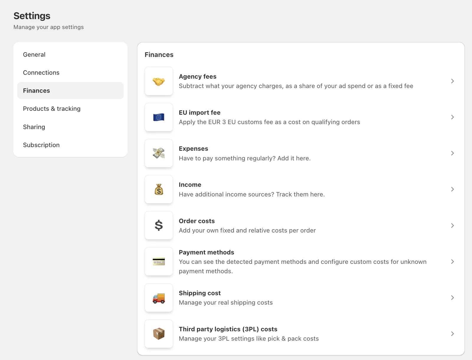 Juicy Settings, Finances section listing Agency fees, EU import fee, Expenses, Income, Order costs, Payment methods, Shipping cost, and 3PL costs