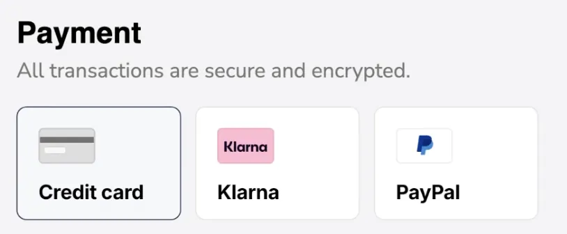 Shopify checkout showing Credit card, Klarna and PayPal as payment tiles
